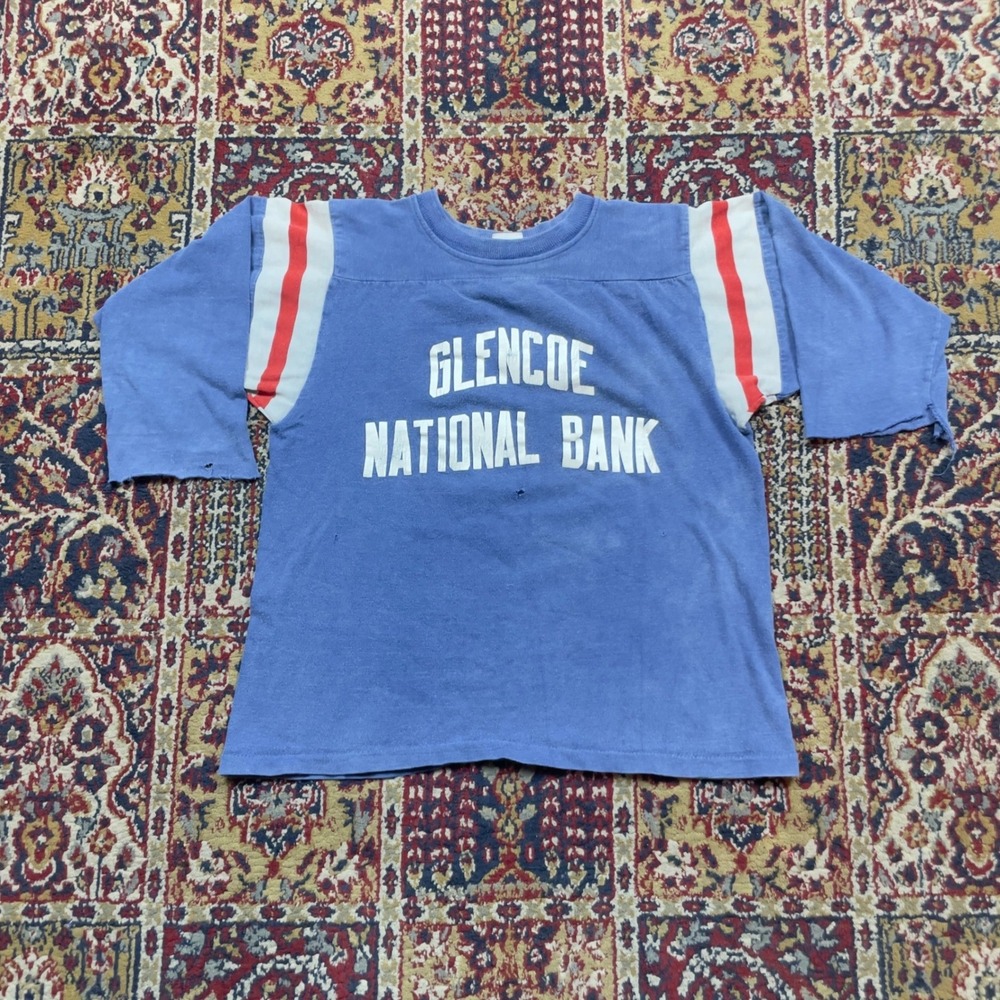 VTG 50s 60s Mason Glencoe National Bank Cotton Jersey Blue Striped Sleeve XS USA